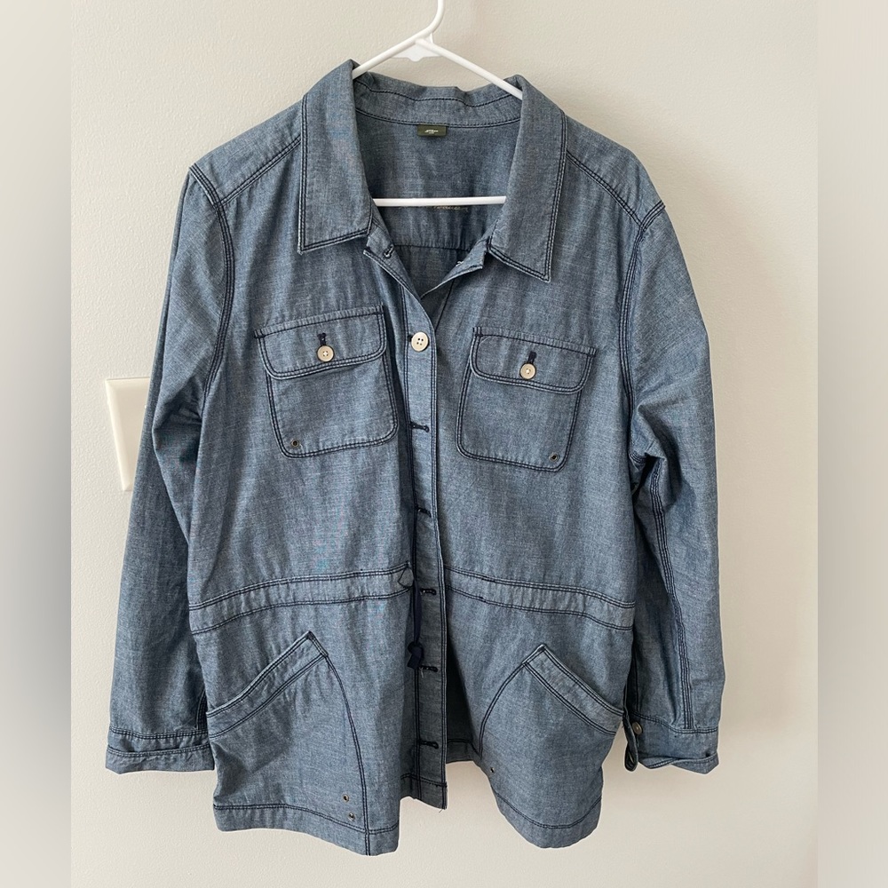 Eddie Bauer Chambray car coat with drawstrings and metal buttons